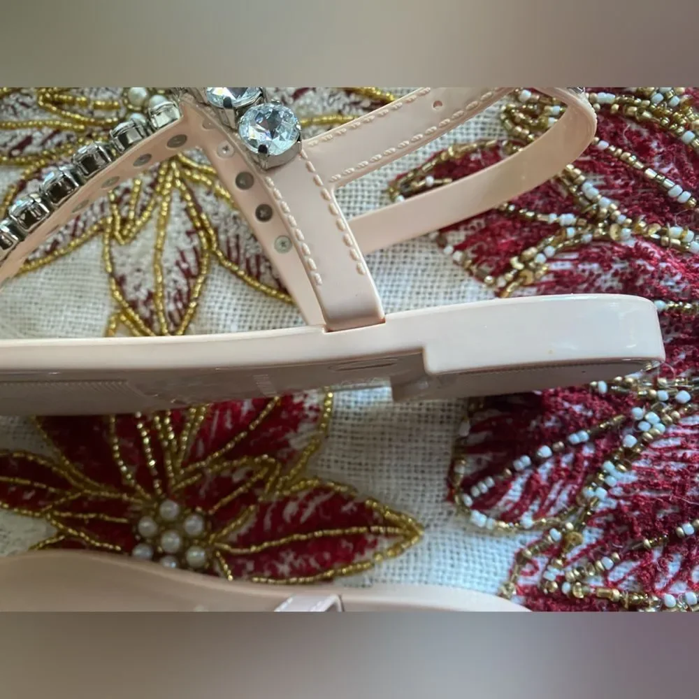 Stuart Weitzman Womens Goldie Jelly T-Strap Sandals Beige Slingback Beaded Sz 6